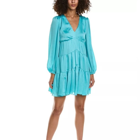 NWT Trina Turk Aqua Turquoise Satin Babydoll Mini Dress Tiered Long Sleeve Large - Picture 1 of 8
